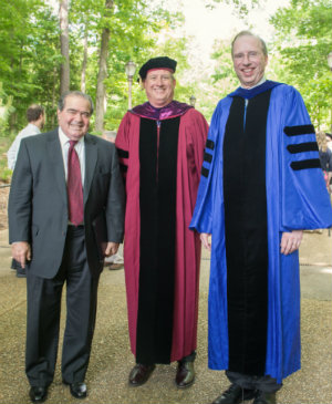 Justice Scalia, and, from left, Professor Alan J. Meese, and Dean Davison M. Douglas at the 2014 Diploma Ceremony. Photo courtesy of W&M Law School