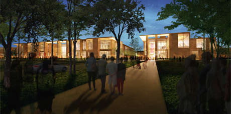 Renderings show the exterior designs for the renovated Phi Beta Kappa Memorial Hall (left) and new music building to be built beside it. (Photo courtesy of Moseley Architects and HGA Architects)