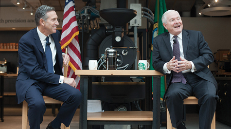 Starbucks CEO Howard Schultz (left) and former Secretary of Defense and W&M Chancellor Robert M. Gates ’65, L.H.D. ’98 have been staunch advocates of improving opportunities for veterans. (Photo by Starbucks)