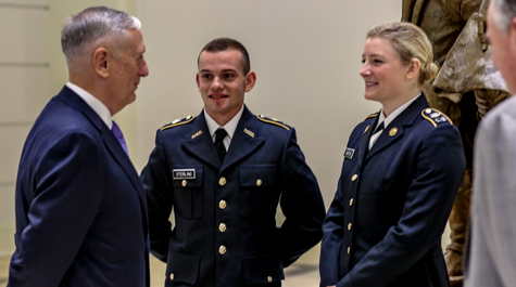 Secretary of Defense Gen. James Mattis talks with ROTC cadets. (Photo by Skip Rowland '83)