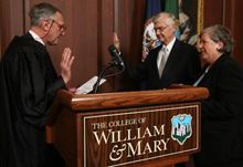 Retired judge J.R. Zepkin (left) swears in Taylor Reveley as W&M's 27th president in September 2008. (Photo by Stephen Salpukas)