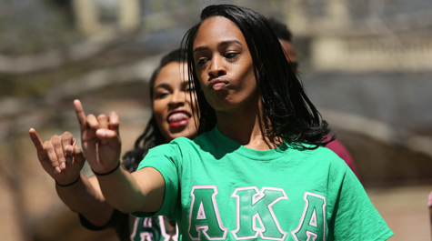 Members of the Nu Chi Chapter of Alpha Kappa Alpha perform during last year's Day for Admitted Students. (Photo by Stephen Salpukas)