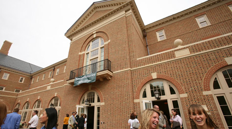 Students, faculty and staff celebrate the new home of the Mason School of Business, Miller Hall, after its dedication in 2009. (Photo by Stephen Salpukas)