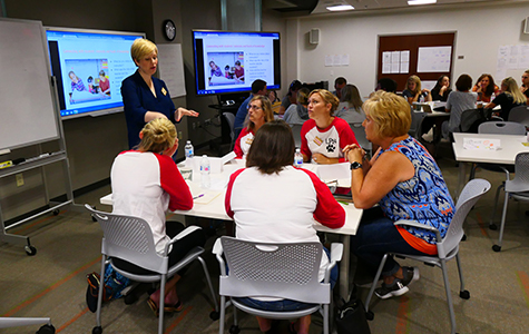 Lindy Johnson, co-director of the Center for Innovation in Learning Design, works with Lancaster teachers during the 2018 Summer Academy.