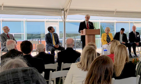 Speaking at the dedication of Davis Hall were (L-R) VIMS Dean & Director John Wells, Secretary of Education Atif Qarni; W&M President Taylor Reveley, W&M BOV Secretary Sue Gerdelman, Secretary of Natural Resources Matthew Strickler, and VIMS Foundation President Stephen Johnsen.