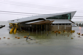 The 9-foot freeboard of the seawater facility at VIMS' Eastern Shore Lab in Wachapreague kept it dry as designed during minor coastal flooding from Hurricane Sandy. (VIMS photo)