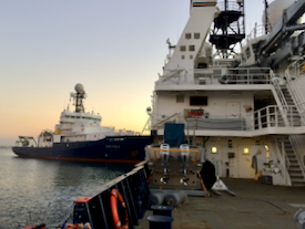 The R/V (left) and the R/V Sally Ride will leave Seattle for a six-week expedition. (Photo by N. Nelson/UC Santa Barbara)