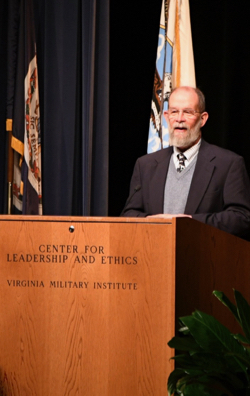 Hershner addresses the audience after winning the 2018 Erchul Environmental Leadership Award. (Virgina Military Institute photo)