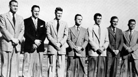 The staff (L to R): Neepy Miller, Eric Tipton, trainer Bill Joyner, Freeman, Boyd Baird, Tom Mikula, John Clements