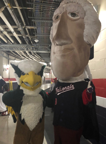 The Nationals' Thomas Jefferson wore a William & Mary graduation gown in the President's Race during the fourth inning, in which he defeated George Washington, Abraham Lincoln and Theodore Roosevelt. (Photos courtesy of the Washington Nationals)