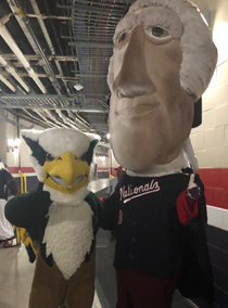 The Nationals' Thomas Jefferson wore a William & Mary graduation gown in the President's Race during the fourth inning, in which he defeated George Washington, Abraham Lincoln and Theodore Roosevelt. (Photos courtesy of the Washington Nationals)