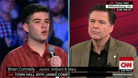 A screenshot from the program shows W&M junior Brian Connelly asking Comey whether he has a nickname for Trump.