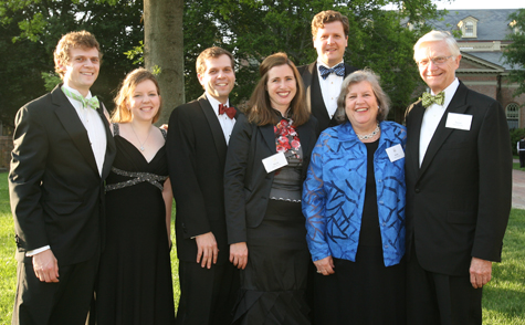 The Reveley family in 2009, four years before Taylor Reveley IV (third from right) would be inaugurated as Longwood's 26th president and one year after Taylor Reveley III was sworn in as W&M's 27th. From left: Nelson Reveley, Jessica Reveley (married to Nelson Reveley), Everett Reveley, Marlo Reveley (married to Taylor Reveley IV), Taylor Reveley IV, Helen Reveley and Taylor Reveley III , who is married to Helen Reveley (WYDaily/Courtesy of Stephen Salpukas)
