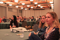 Students watch the broadcast from the Sadler Center. (Photo by Adrienne Berard)