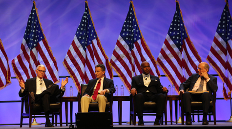 Former W&M President Taylor Reveley (left) moderates a panel discussion with (from right) University of Virginia Professor A.E. Dick Howard, U.S. Court of Appeals for the Fourth Circuit Chief Judge Roger L. Gregory and President and CEO of the National Constitution Center Jeffrey Rosen. (Photo by Stephen Salpukas)