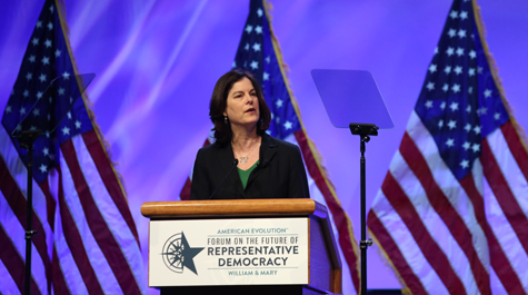 W&M President Katherine A. Rowe speaks at the forum. (Photo by Stephen Salpukas)