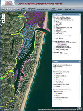 A screenshot of the comprehensive map viewer for a section of Hampton, Virginia's Chesapeake Bay shoreline. Select image for an interactive version.