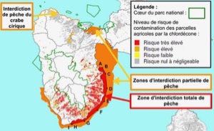 Partial (orange) and complete (red) fishing bans in the coastal waters of southwestern Guadeloupe due to contamination by chlordecone. Also shown are chlordecone risk zones on land. © Pol Kermogrant/ Direction de l'alimentation, de l'agriculture et de la forêt de Guadeloupe.