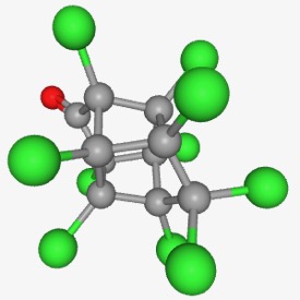 The parent chlordecone molecule contains 10 atoms of chlorine, 10 atoms of carbon, and 1 oxygen atom. (Photo by PubChem/NIH)