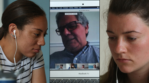 Members of the W&M team interact with Carlos Osario (center) over the internet during a recent meeting. (Photos by Stephen Salpukas)