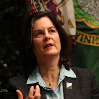 William & Mary President Katherine A. Rowe talks during the Charter Day weekend discussion on disagreement and diplomacy. (Photo by Stephen Salpukas)