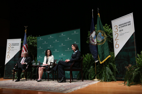 Chancellor Robert M. Gates '65, L.H.D. '98 (left), Associate Professor Jaime Settle (center) and President Katherine A. Rowe participate in Saturday's discussion about disagreement and diplomacy. (Photo by Stephen Salpukas)