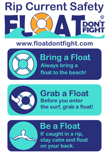 Graphic saying: Rip current safety. Float don't fight. www.floatdontfight.com. Bring a float. Always bring a float to the beach! Grab a float. Before you enter the surf, grab a float! Be a float. If caught in a rip, stay clam and float on your back.
