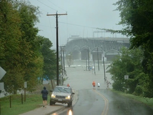 Storm surge covers Gloucester Point, Virginia during Hurricane Isabel in 2003. (VIMS photo)