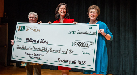 Fran Engoron ’70 (left) and Janet Rollins Atwater ’84 (right) present Rowe with a check for $2.65 million from the Society of 1918. (WYDaily/Courtesy Skip Rowland '83)
