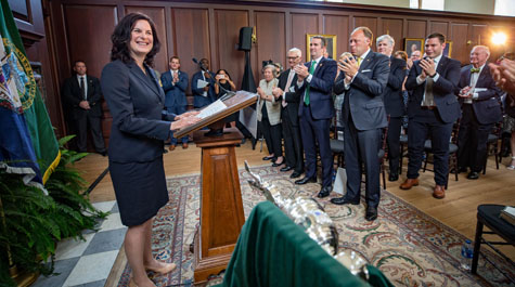 Katherine A. Rowe was sworn in as W&M's 28th president on July 2, 2018. (Photo by Skip Rowland '83)