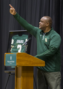 Head Football Coach Mike London speaks at the memorial. (Photo by Jim Agnew)