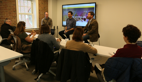 (Left to right) Graham Henshaw, executive director of the Alan B. Miller Entrepreneurship Center; Nate Marcus, founder of the startup OccasionGenius; and Tim Ryan from the Launchpad participate in an Entrepreneur’s Connection event at the Alan B. Miller Entrepreneurship Center. (WYDaily/Courtesy of Stephen Salpukas)