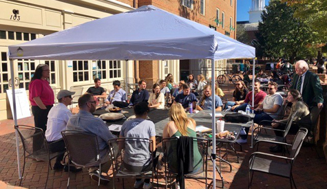 Students participate in a Rocket Pitch competition that was held on the patio at Tribe Square. (Photo by Sean Hughes)