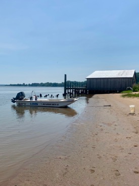 The RV Marsh Hen II at a seine survey site on the Rappahannock River. (Photo by Jack Buchanan/VIMS)