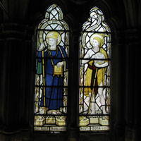 A stained glass window at Rochester Cathedral depicts St. William on the left. (Photo by Suzanne Hagedorn)