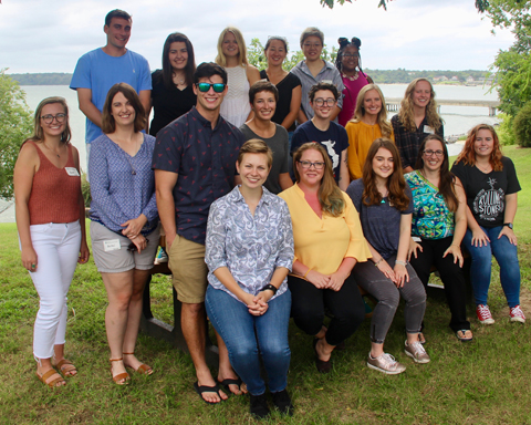 VIMS' 2019 matriculating class: From L:  Row 1 (seated): Kaitlyn Clark, Kayla Cahoon, Alexis Hollander, Christina Rarick, Abby Golder. Row 2: Evan Flynn, Rachel Dixon, Alex Challen Hyman, Shannon Smith, Ashley King, Savannah Mapes, Emily Goetz. Row 3: Luke Frankel, Elisa Aitoro, Alexandra Schneider, Malina Loeher, Xuqing Chen, Taylor Walker. (VIMS photo)