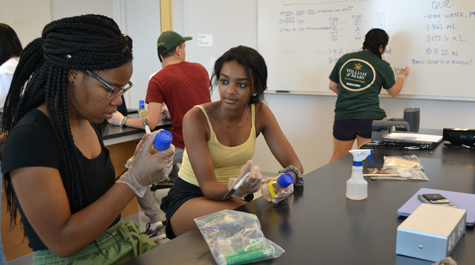 Students label glass jars with material in the SEA-PHAGES lab