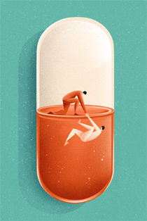 An artist's depiction shows a figure in the top of a pill helping another at the bottom climb up