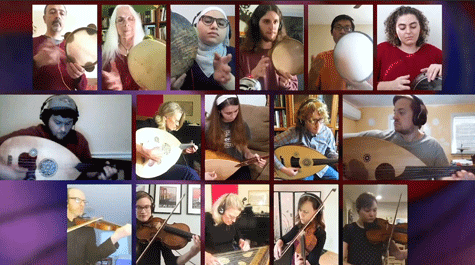 Ensemble members playing instruments in various squares on Zoom video