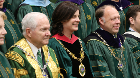 (From left) Chancellor Robert M. Gates, President Katherine A. Rowe and Rector John E. Littel (Photo by Stephen Salpukas)