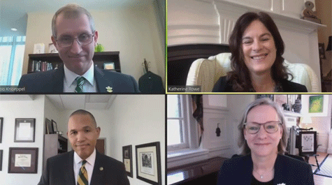 Video screen squares cotaining Katherine Rowe and three deans