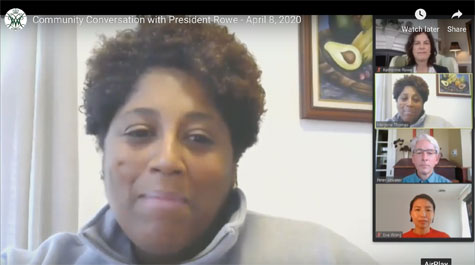 Margorie Thomas on left of screen with Katherine Rowe, Peter Atwater, Eva Wong smaller photos down side