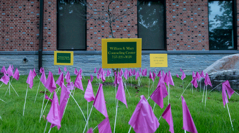 Small purple flags on the lawn in front of wellness center with three signs with mental health information