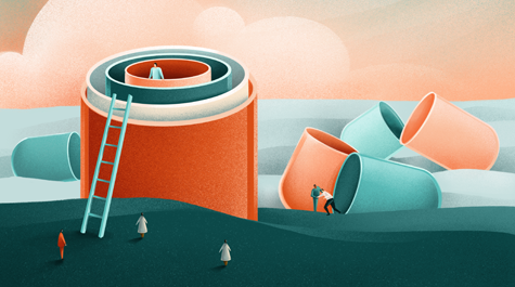 An artistic illustration shows large pills cut in half on a landscape with small figures outside of them