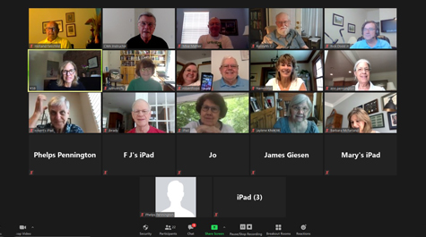 A screenshot from a Zoom call shows people in multiple individual boxes