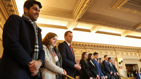 Students stand in the gallery of the Virginia State Capitol