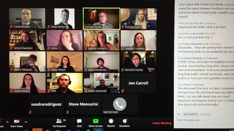 Zoom screen showing book club participants with chat screen on right hand side