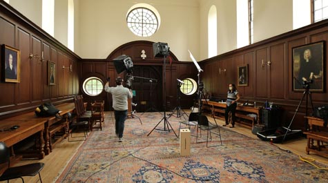 Camera equipment is set up in the Great Hall