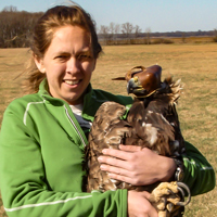 Center for Conservation Biology’s Libby Mojica cradles a golden eagle 