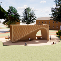 An artist's rendering shows a rectangular brick structure with an asymmetrical space at the bottom
